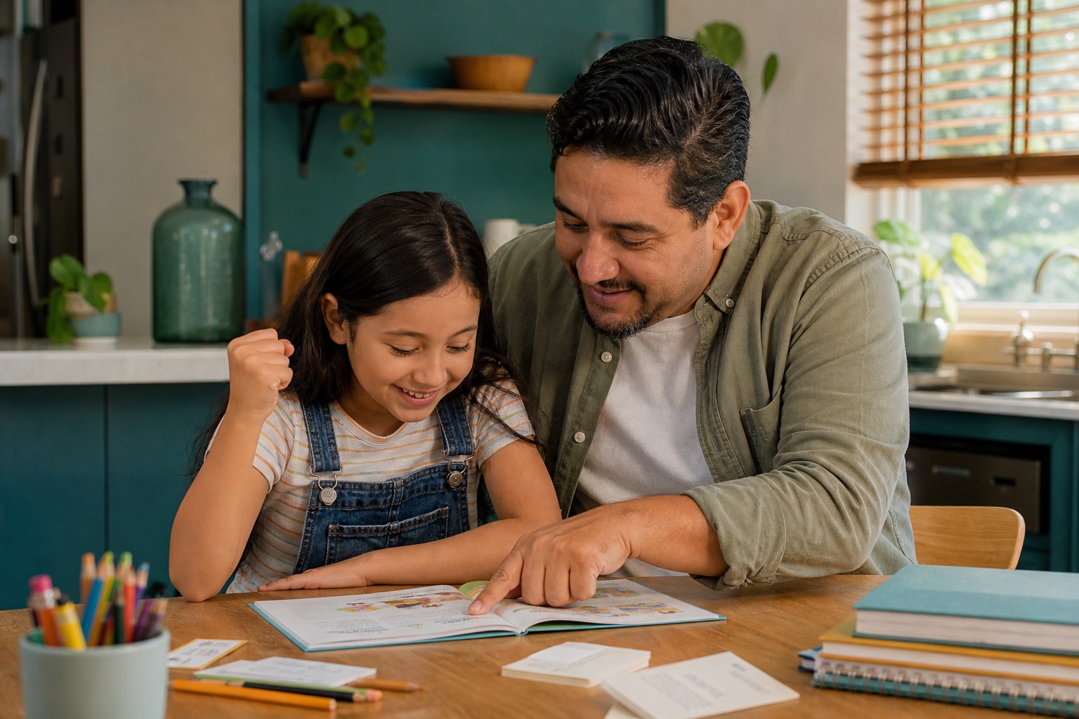 A parent and child read together at home.