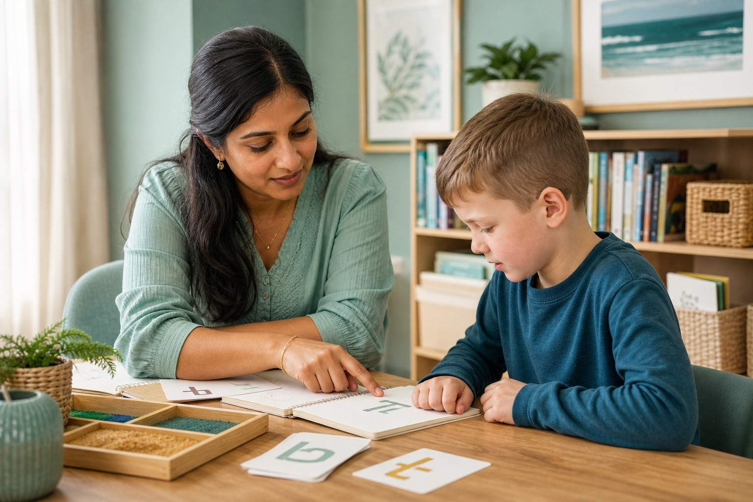 A reading specialist guides a student through a multisensory literacy lesson.