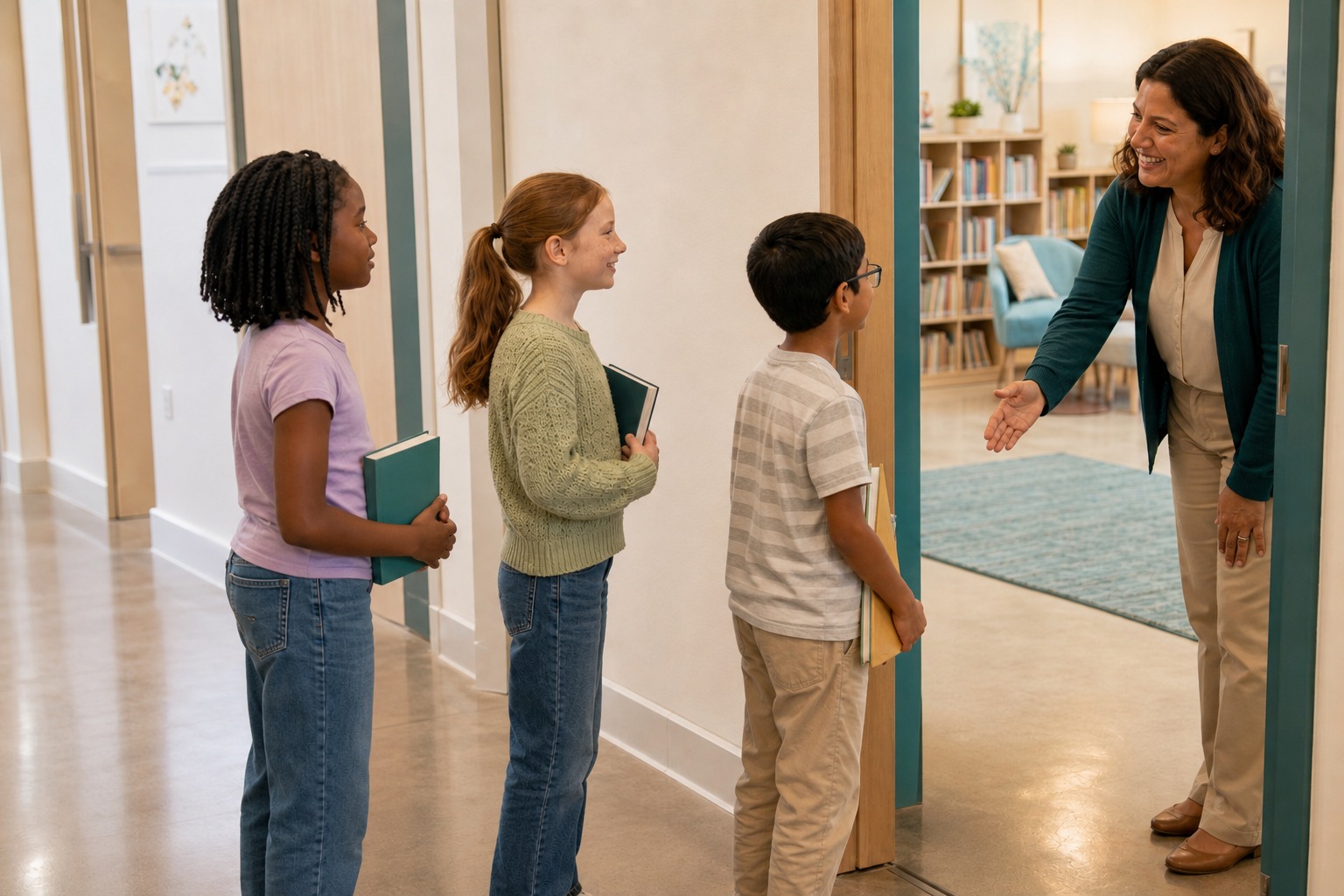Three elementary students without backpacks wait in the hallway as their reading specialist welcomes them into the classroom.