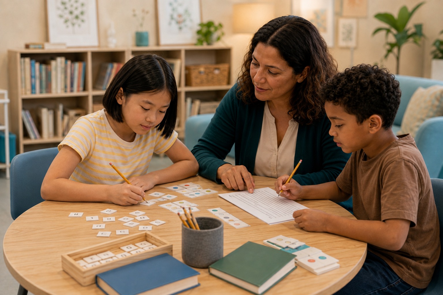 A reading specialist guides two elementary students using letter tiles, reading cards, and a short passage.
