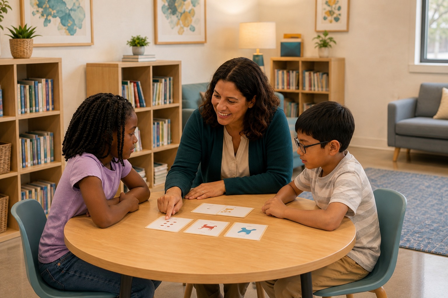 A reading specialist leads two elementary students through reading cards at a small classroom table.