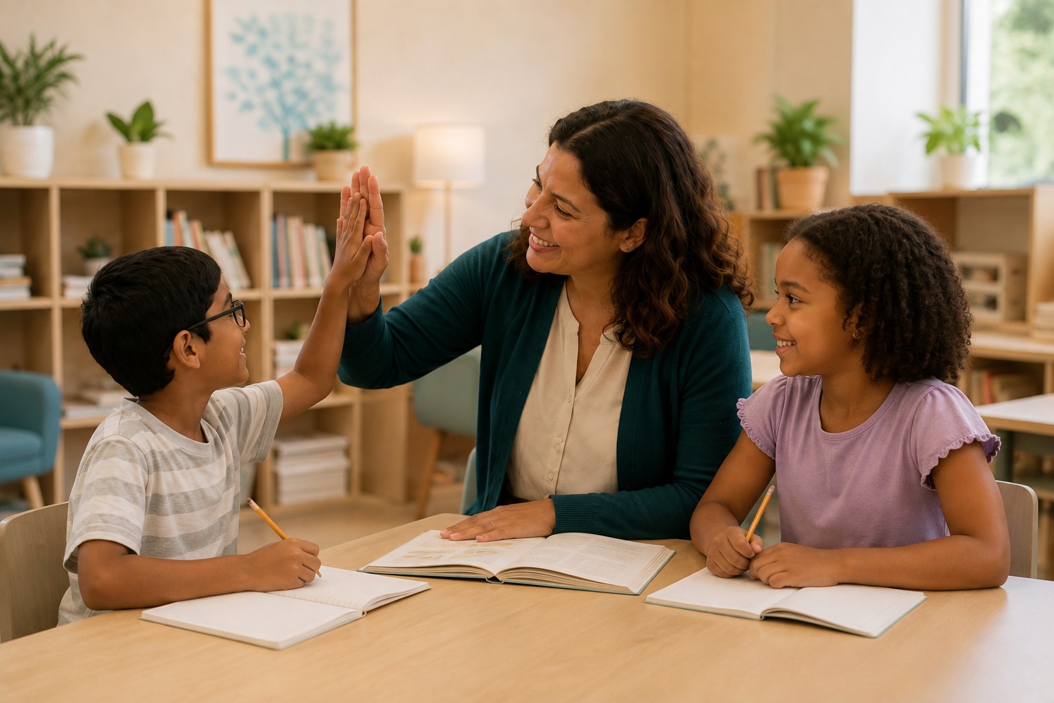 Two elementary students celebrate the end of their small-group classroom session with their reading specialist.